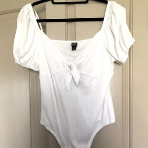 Puff Short Sleeve Sweetheart Tie Front Bodysuit